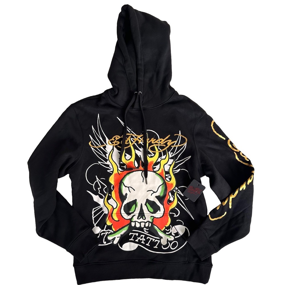 Ed Hardy Hoodie Mens Small Black Pullover Fleece Skull Tattoo Graphic Sweatshirt